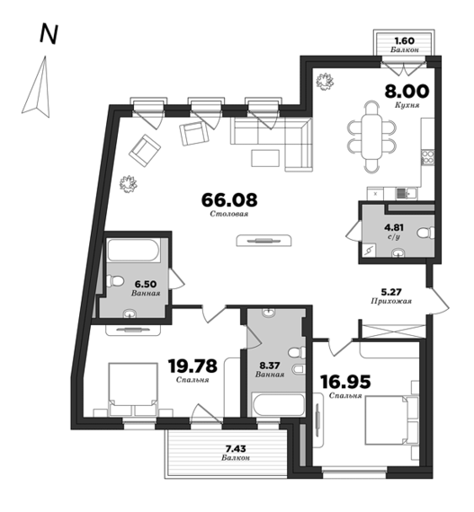 Приоритет, Корпус 1, 2 спальни, 139.22 м² | планировка элитных квартир Санкт-Петербурга | М16